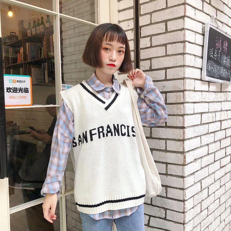 Жилеты женские с v-образным вырезом в полоску Kawaii Harajuku корейский стиль трикотажные студенческие простые универсальные повседневные женские пуловеры шикарные Горячие - Цвет: 21
