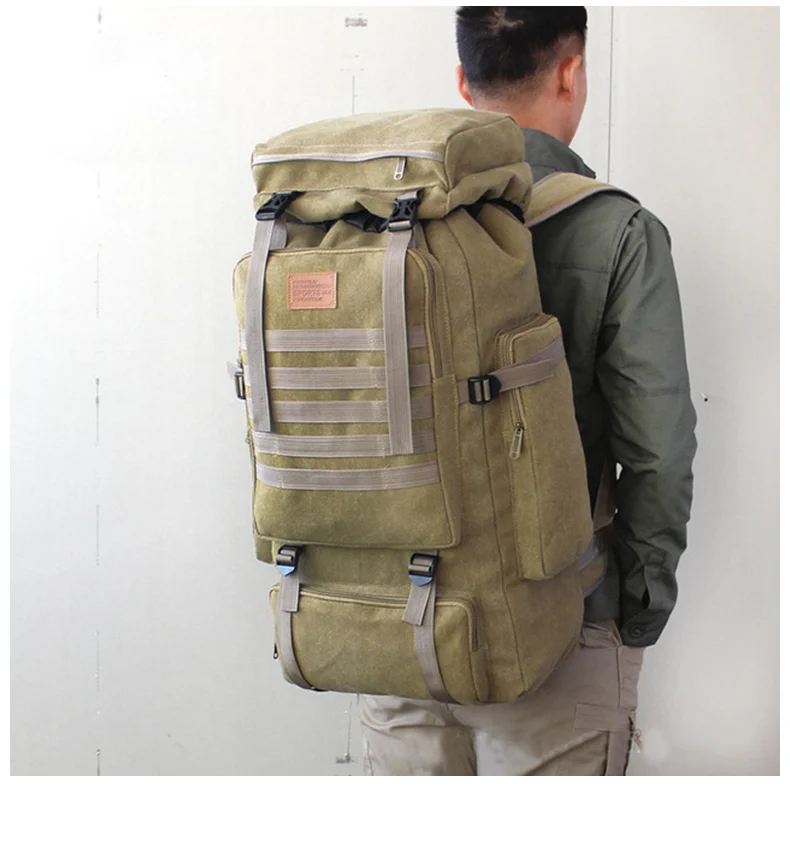 60L Large Military Bag Canvas Backpack Tactical Bags Camping Hiking Rucksack 