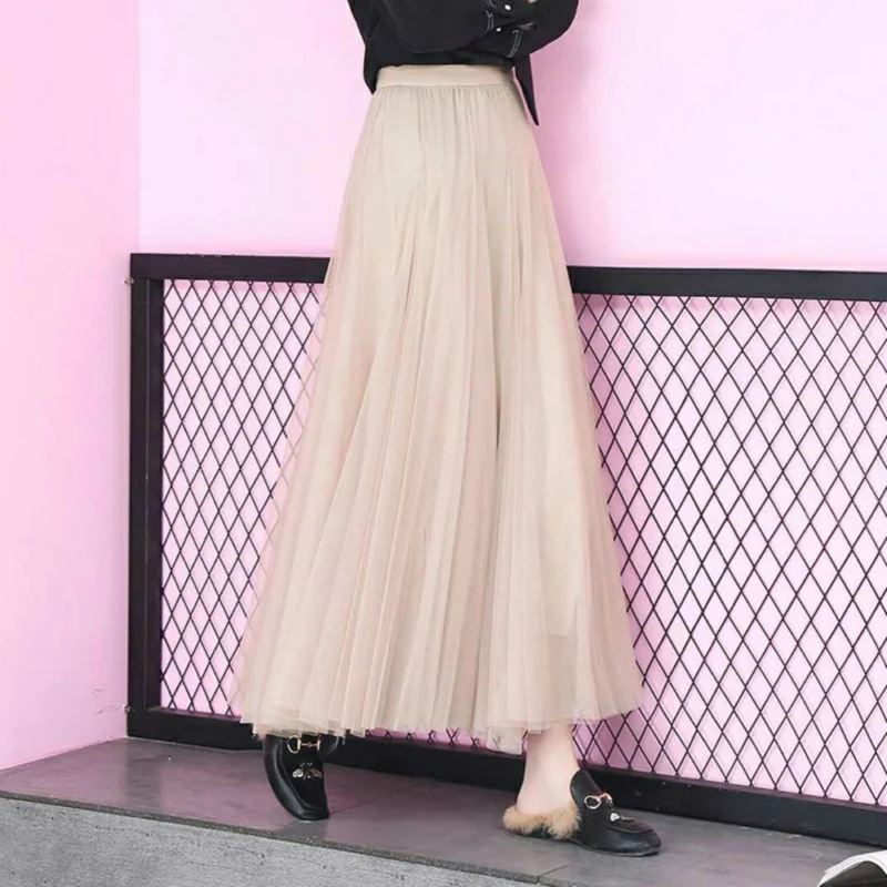 Длинная женская юбка из тюля весна лето кружева корейский элегантный высокой талии трапециевидной формы плиссированная школьная длинная юбка-пачка женская мода