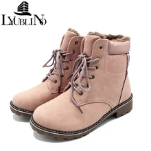 New Fashion Snow Boots Women Warm Fur Plush Shoes Women Lace Up Square Heels Genuine Leather Boots Ankle Female Winter Sneakers