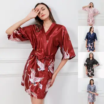 

Summer Women Ice Silk Fabric Lady Nightgown Crane Flower Print Short Bathrobe Sexy Lingerie Bow Nightdress