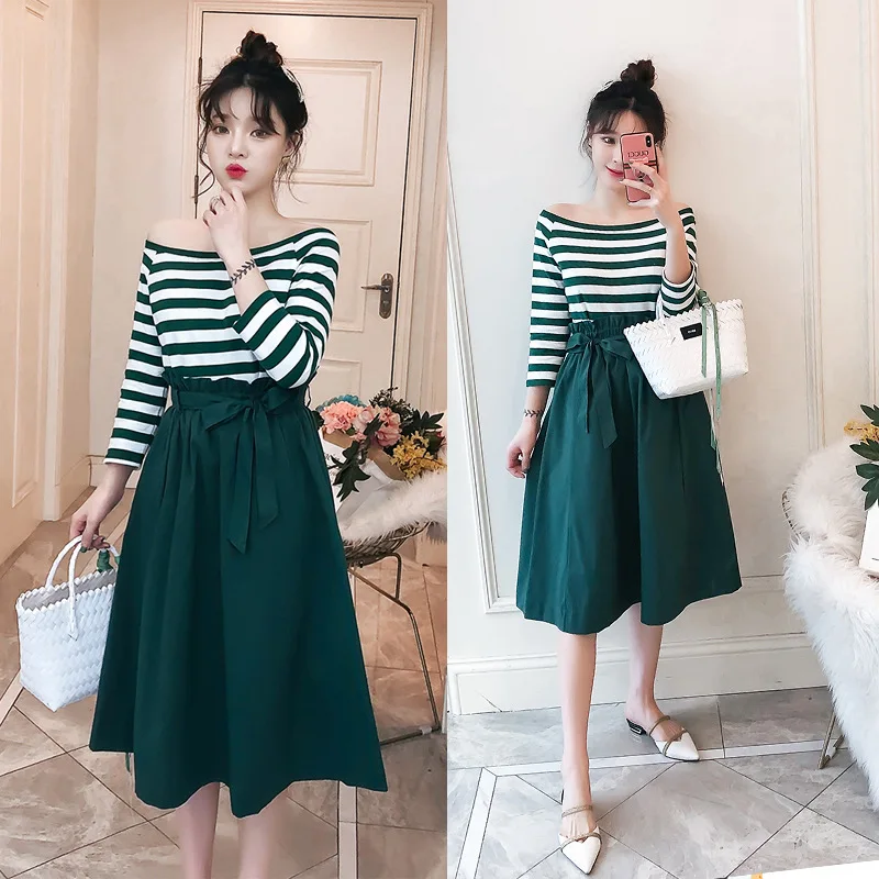 

Fat Mm Large Size Dress 2019 Spring Clothing New Style Horizontal Neck Stripes Slimming Tops + Bow Skirt Set
