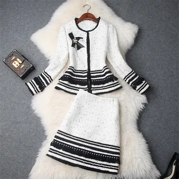 

Runway Designer Autumn Winter Suit Women's Fashion Long Sleeve Pearls Tweed Woolen Jacket Coat and Skirt 2piece Clothes Sets
