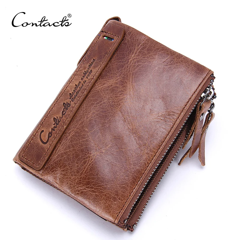 

Contacts Men's Genuine Leather Wallet Small Wallets Bifold Double Zipper Short Coin Purse