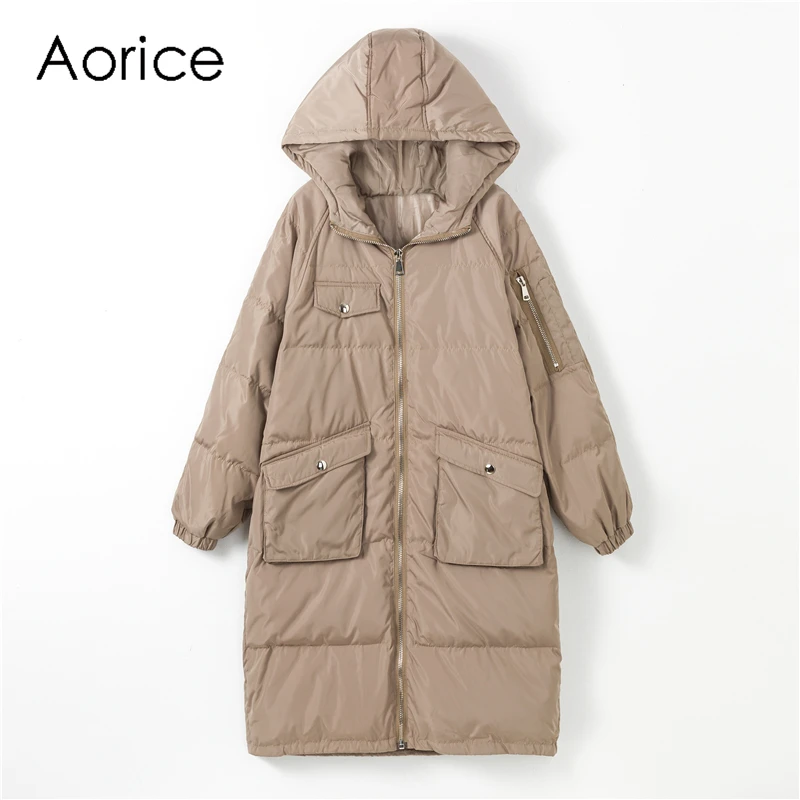 Aorice XM906 женская зимняя парка новое длинное пальто на утином пуху настоящий меховой капюшон, воротник оверсайз Женская Повседневная куртка Тренч штормовка