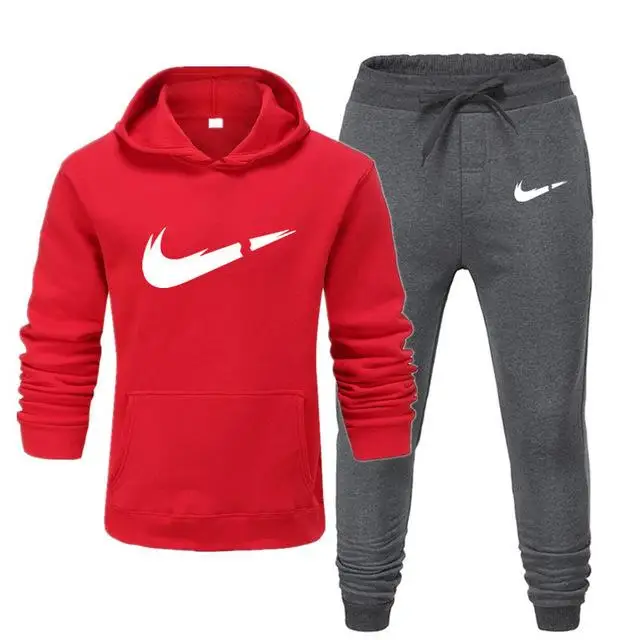 B-red dark gray Брендовый спортивный костюм, модная мужская спортивная одежда, комплект из двух предметов, хлопковая Толстая Толстовка с капюшоном+ штаны, спортивный костюм, мужские комплекты - Цвет: B-red dark gray