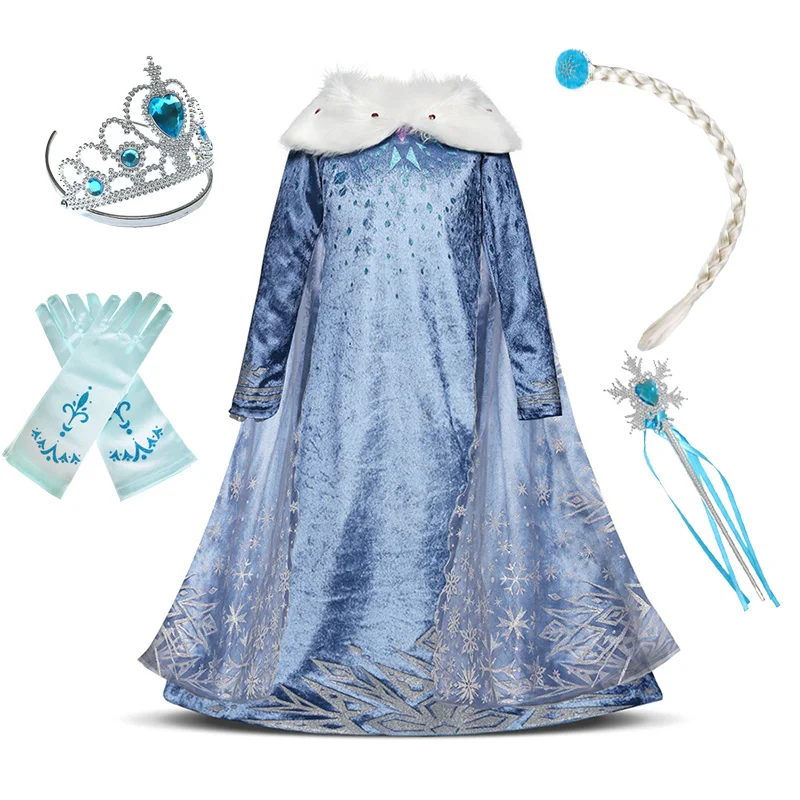 Dress and Set-2 Детское платье для девочек; Рождественский костюм Эльзы, Снежной Королевы; 2; одежда Эльзы; детский осенний праздничный костюм на день рождения; аксессуары - Цвет: Dress and Set-2