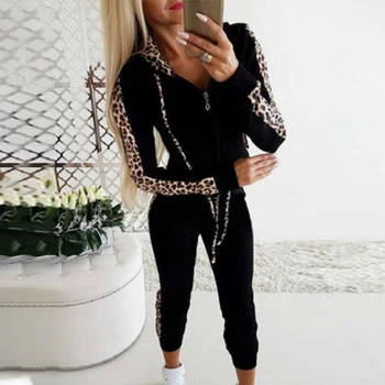 

Autumn Hooded Leopard Print Women Sport Sets Patchwork Drawstring Zipper Female 2Pcs Tops Pants Fashion Long Sleeve Lady Clothes
