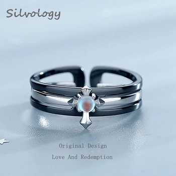 

Silvology 925 Sterling Silver Love and Redemption Couple Rings Original Design Cross Moonstone Romantic Rings for Lovers Jewelry