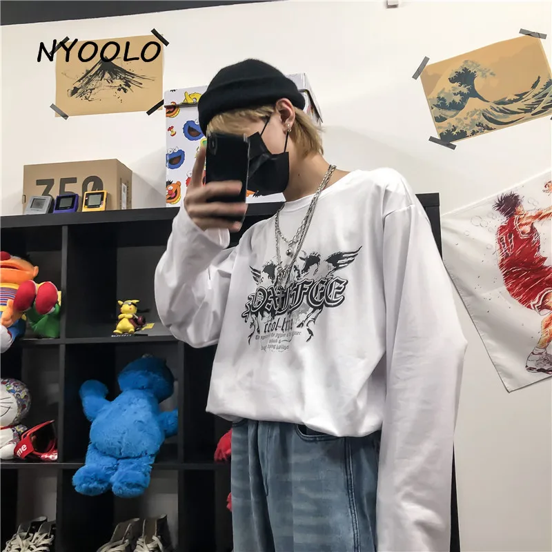 NYOOLO Harajuku стиль с буквенным принтом рубашка большого размера Осенняя уличная свободная футболка с длинными рукавами и круглым вырезом Женская Мужская одежда Топ