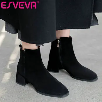 

ESVEVA 2020 Women Shoes Winter Ankle Boots Round Toe PU + Genuine Leather Zipper Square Med Heel Fashion Boot Size 34-39