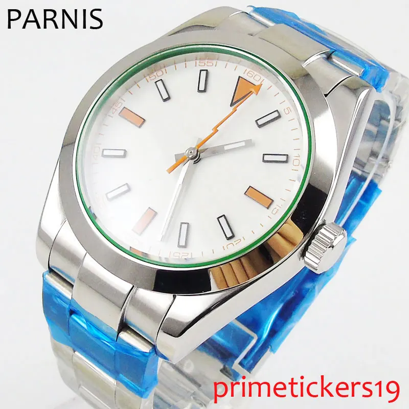 

40mm sterile white dial stainless steel strap polished case automatic movement mens watch