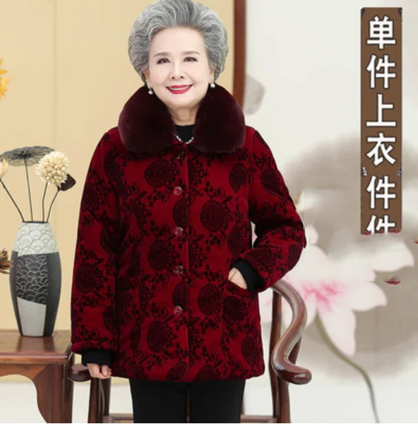 Red round flower Хлопковое пальто для бабушек на осень и зиму, бархатная Толстая парка, куртка для женщин, одежда для пожилых женщин, зимнее пальто с меховым воротником, 5XL - Цвет: Red round flower