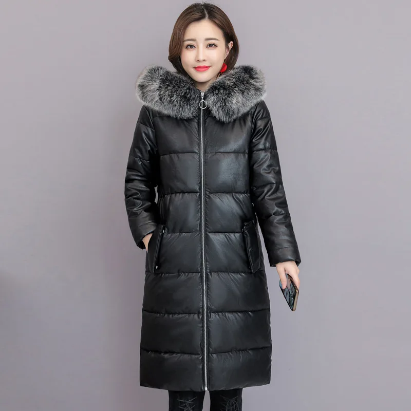 

Photo Shoot PU Leather Cotton Coat Women's Mid-length 2019 Winter New Style Korean-style Really Fox Fur Collar down Feather Cott