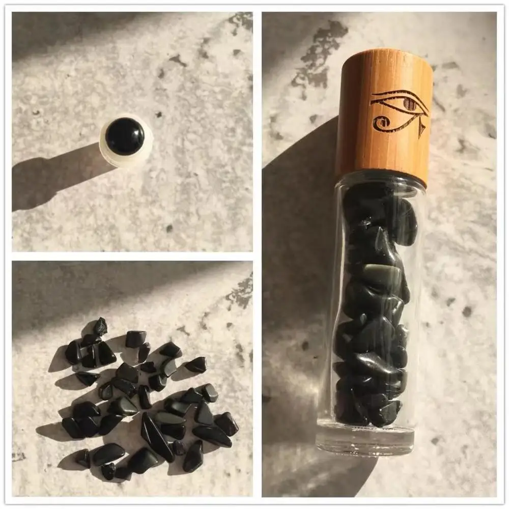 Black Obsidian 10 мл натуральный драгоценный камень роликовая бутылка бамбуковая крышка деревянная зернистая крышка бутылка эфирного масла кварцевые роликовые шарики бамбуковые бутылки - Цвет: Black Obsidian