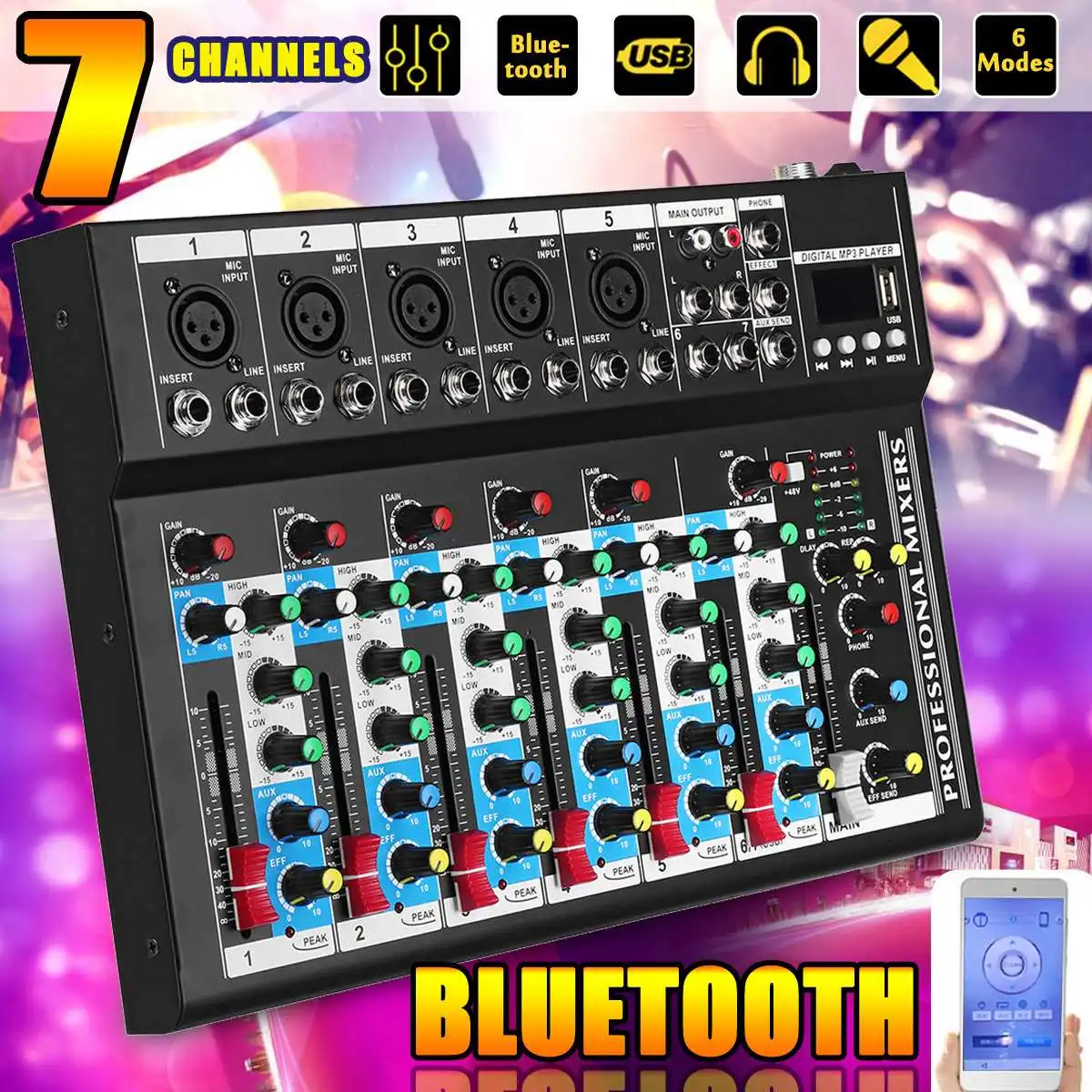 

LEORY 7 Channel Karaoke Players Mixer Bluetooth USB Digital Live Studio Audio Mixing Console Microphone Sound Card DJ Party KTV