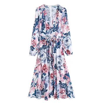 

2019 za women's fashion v-neck floral printed dresses maxi one-piece with belt flowly printed dresses for girls xs s m l
