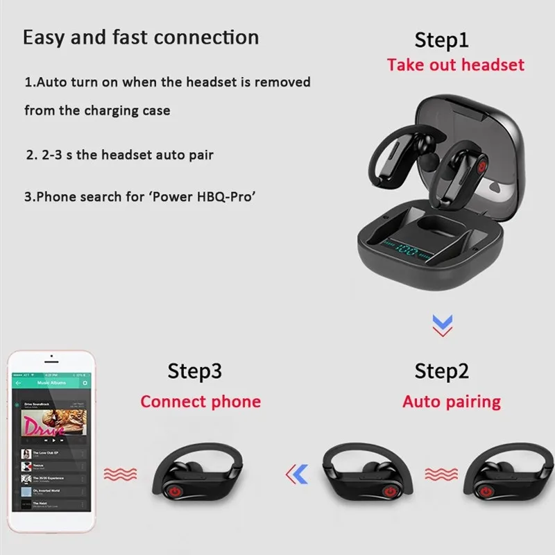 Q62 power HQB беспроводные V5.0 bluetooth наушники стерео гарнитура с ушным крючком спортивная Гарнитура с светодиодный цифровой дисплей зарядная коробка