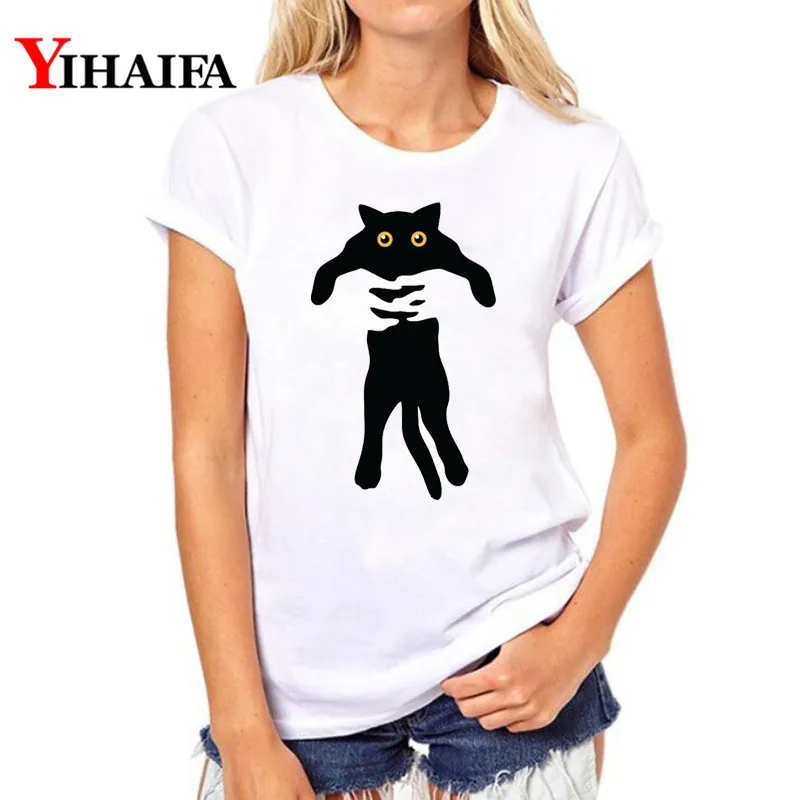 

YIHAIFA Hipster Short sleeve T-shirt Cat Print Graphics Tee Funny Casual White T Shirts Pullover Tops