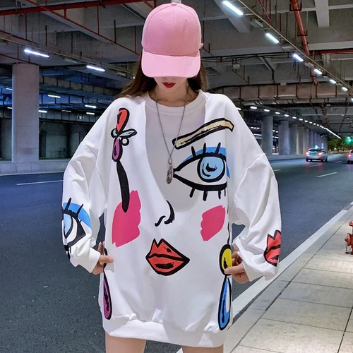 

Autumn Winter 2019 Personality Loose Big Slender Fashion Tide Clothes Streetwear Cartoon Pullovers Drop-shoulder Oversize Shirts