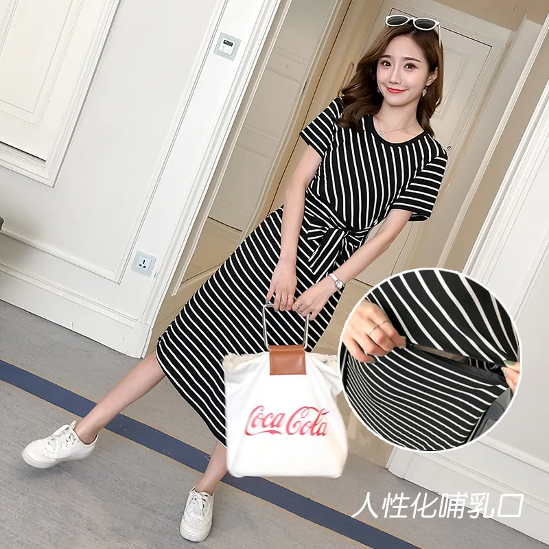 

Maternity Clothes 2019 Summer New Style Stripes Back Joint Lace Slimming Pregnant Women Nursing Dress Nursing Clothes
