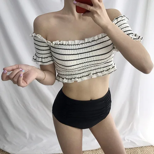 

South Korea New Style Short Sleeve off-Shoulder Bikini Frilled Stripe Spell Color Retro High-waisted Bikini Two-piece Swimsuits
