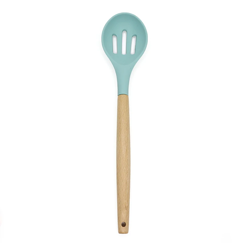 Slotted Ladle-Blue 9 видов стилей в розницу силиконовые кухонные инструменты силиконовая деревянная ручка ложка лопатка Черпак антипригарная кухонная посуда кухонные приспособления для выпечки - Цвет: Slotted Ladle-Blue