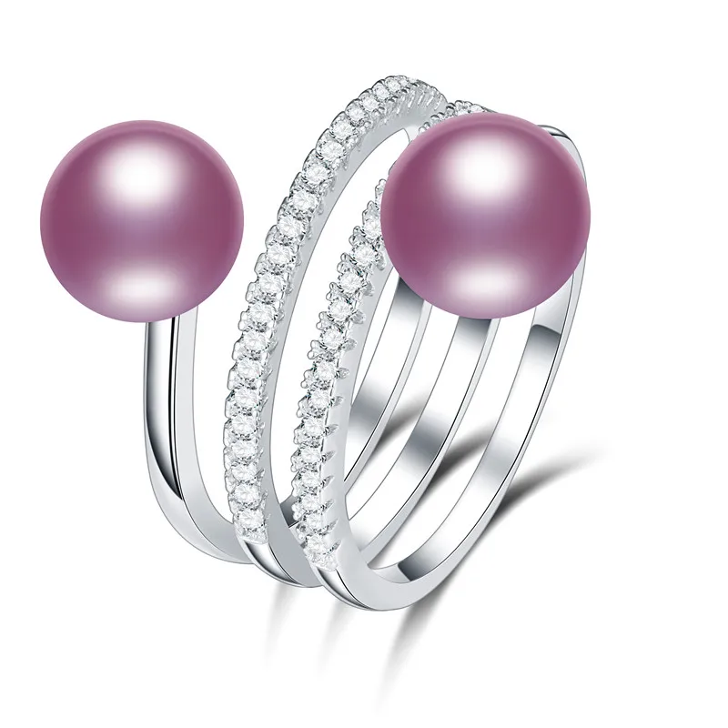 Purple Dainashi Freshwater Cultured Pearls Ring Luxury 925 Sterling Silver Shiny Zircon Crystal Adjustable Ring for Women Party Gift - Gem Color: Purple