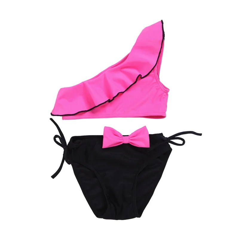 

2020 Summer Kids Swimwear Girls 2PCS Sleeveless Shoulder Ruffles Swimsuit Bow Swimming Trunks Bathing Suit Set 2020