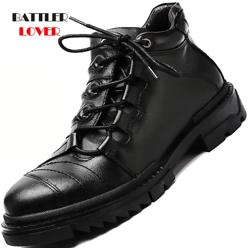 2020 Men Snow Boots Motorcycle Steampunk 100% Genuine Cow Leather Handmade Botas for Male Fashion Winter Warm Footwear Cowboy