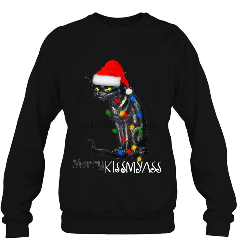 Мужская толстовка Merry Kissmyass черная кошка с рождественскими огнями версия женская уличная одежда