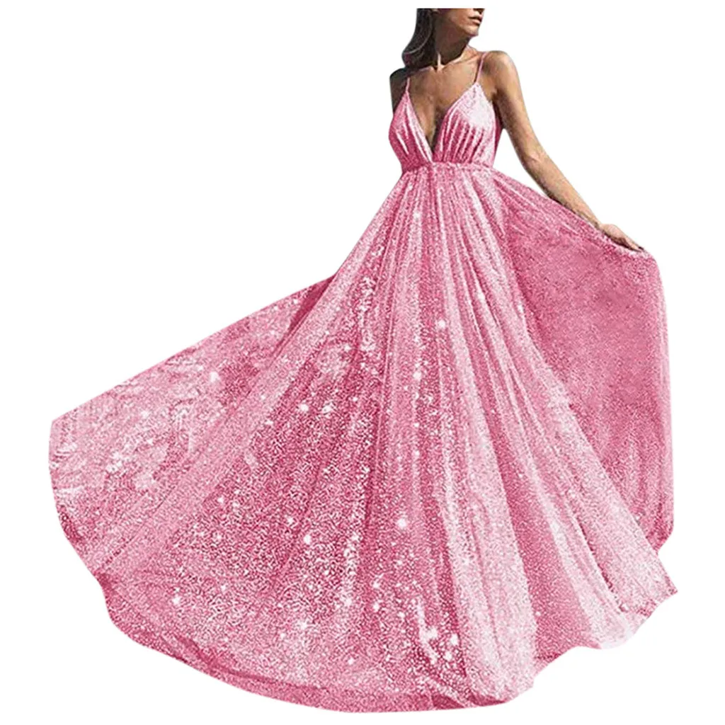 SFW91009314PK Sexy Women Dress Sparkly Formal Bridesmaid Party Ball Prom Long Dress Wedding Deep V-Neck Mermaid Dress - Цвет: SFW91009314PK