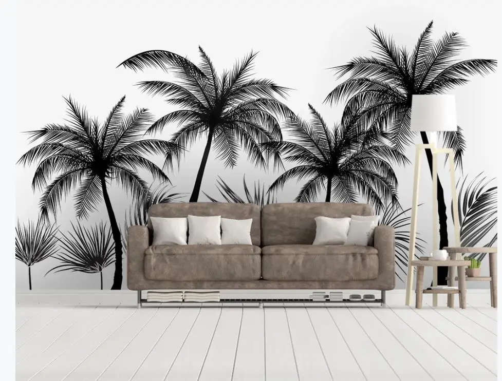 Черный и белый стиль кокосовой пальмы ТВ фон стены 3d фрески обои для гостиной
