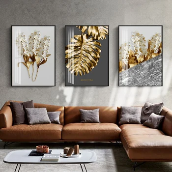 Cuadro sobre lienzo con flores de hojas abstractas de oro nórdico, plumas blancas y negras, póster impreso, cuadro de pared para decoración para sala de estar