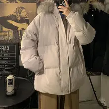 

Men's winter thickening trend hot style couple loose casual big fur collar hooded padded jacket