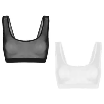 

Women Sexy Lingerie Bra Crop Top Hollow Out Sheer Mesh See-Through Bralette U Neck Solid Color Sleeveless Vest Beach Clubwear