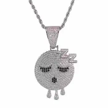 

Sleepy Drool Round Face Pendant Gold Silver Charm Sparkling Cubic Zirconia Men Ice Chain Hip Hop Necklace Rock Jewellery Jewelry