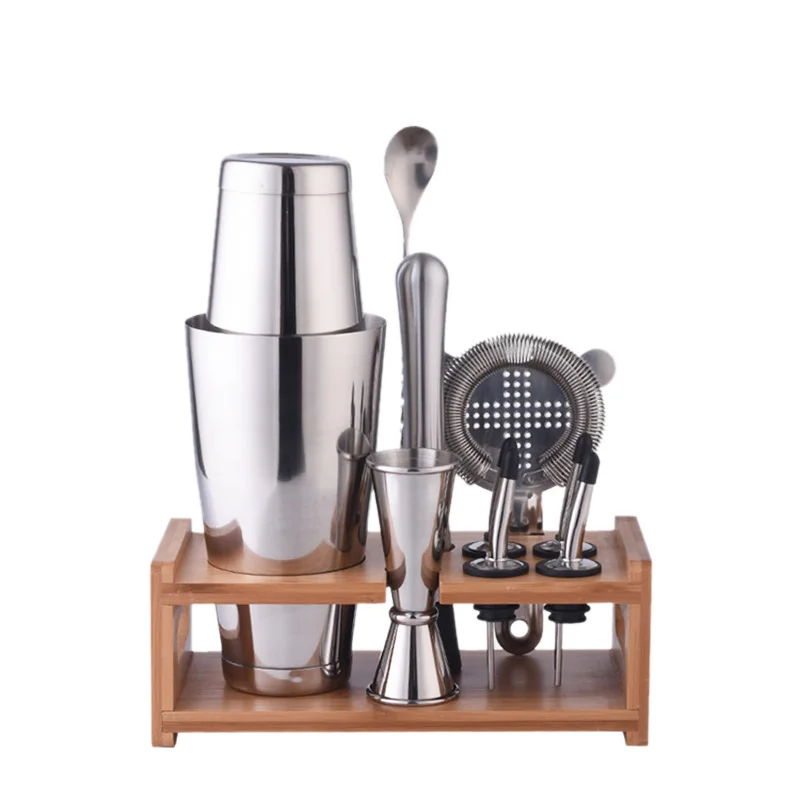 

800Ml Stainless Cocktail Shaker Mixer Drink Bartender Tools Set with Wooden Rack