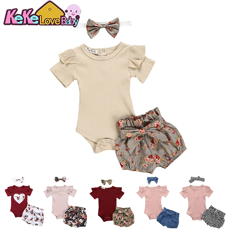 Newborn Baby Girl Clothes Set Summer Solid Color Short Sleeve Romper Flower Shorts Headband 3Pcs Outfit New Born Infant Clothing Baby Clothing Set cheap