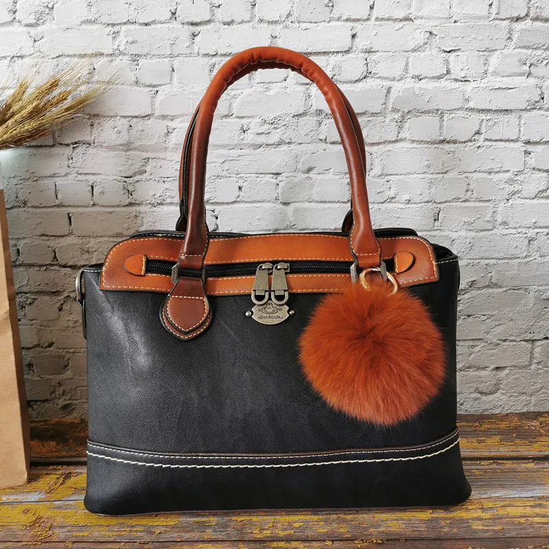 Новая женская сумка, винтажная натуральная кожа, женские сумки на плечо, роскошная Большая вместительная сумка-тоут, деловая сумка-мессенджер - Цвет: Black And Ball
