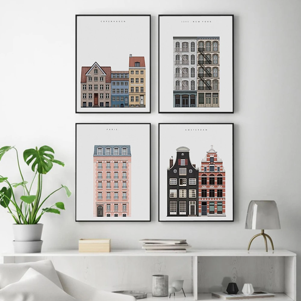 

Retro Painting City Red Pink House paris new york Posters And Prints Architecture Picture Canvas Wall Art Living Room Home Decor