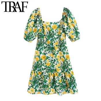 

TRAF Women Elegant Fashion Floral Print Mini Dress Vintage Short Sleeve Backless Zipper Female Dresses Vestidos Mujer