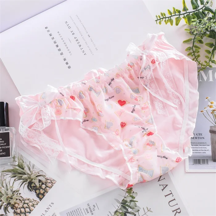 Pink Японские Лолиты, женские милые трусики с милым бантом, кружевное дышащее нижнее белье, романтические трусы для девочек-подростков, Kawaii, 3 цвета - Цвет: Pink