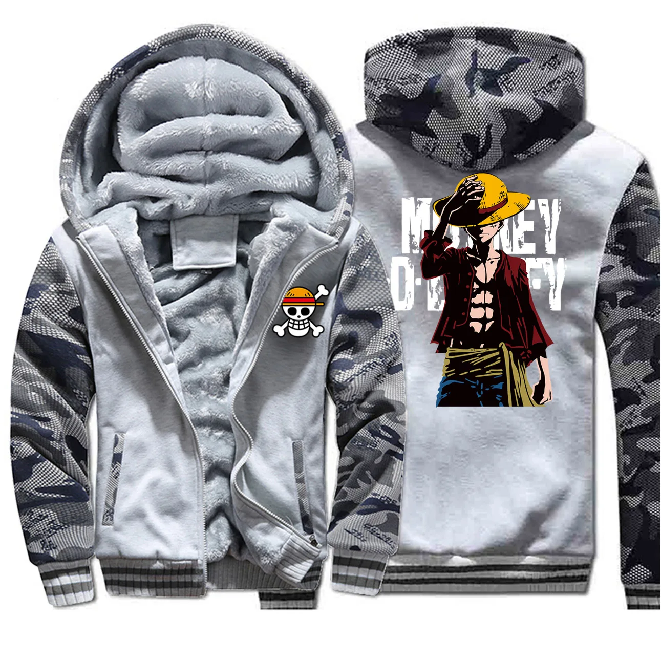 Зима Япония аниме мультфильм Череп one piece Cool Luffy уличная одежда реглан камуфляж мужская толстовка хип хоп Толстовка Спортивная одежда - Цвет: Light Gray 6