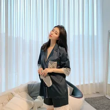 Кружевной Халат, комплект с короткими рукавами, маска для глаз, костюм из сатина, комплект из трех предметов, летняя простая домашняя женская летняя Пижама, удобная