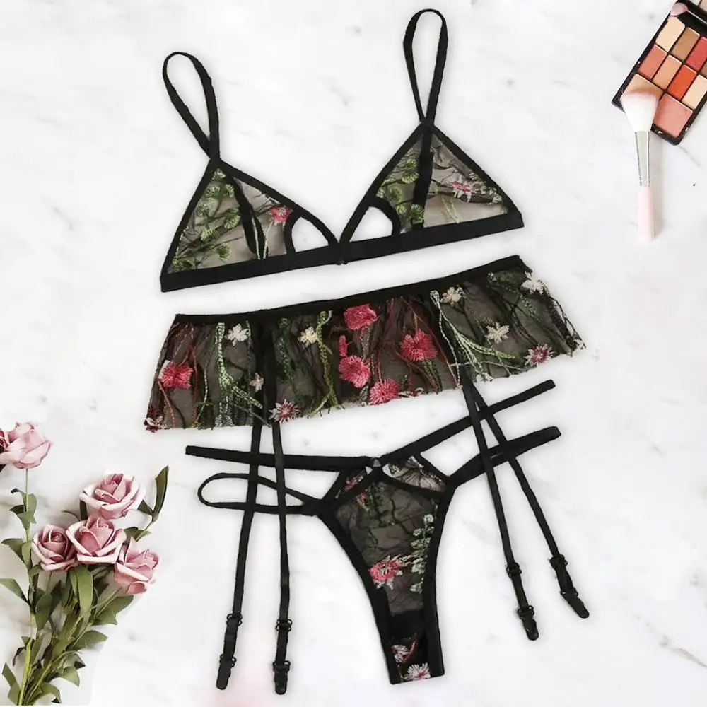 Женский комплект нижнего белья, сексуальный кружевной комплект с бюстгальтером размера плюс, вышитый бюстгальтер+ стринги+ подвязки, комплект нижнего белья, нижнее белье,#2O24