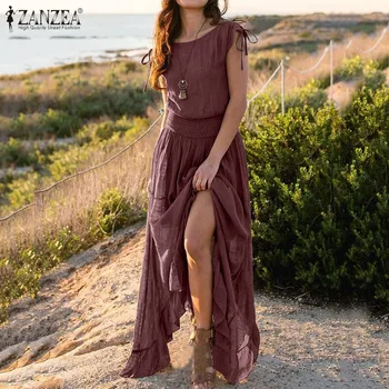 

S 5XL 2020 Fashion High Split Sundress ZANZEA Summer Sleeveless Bohemian Party Dress Women Solid Long Vestido Female Robe Tunic