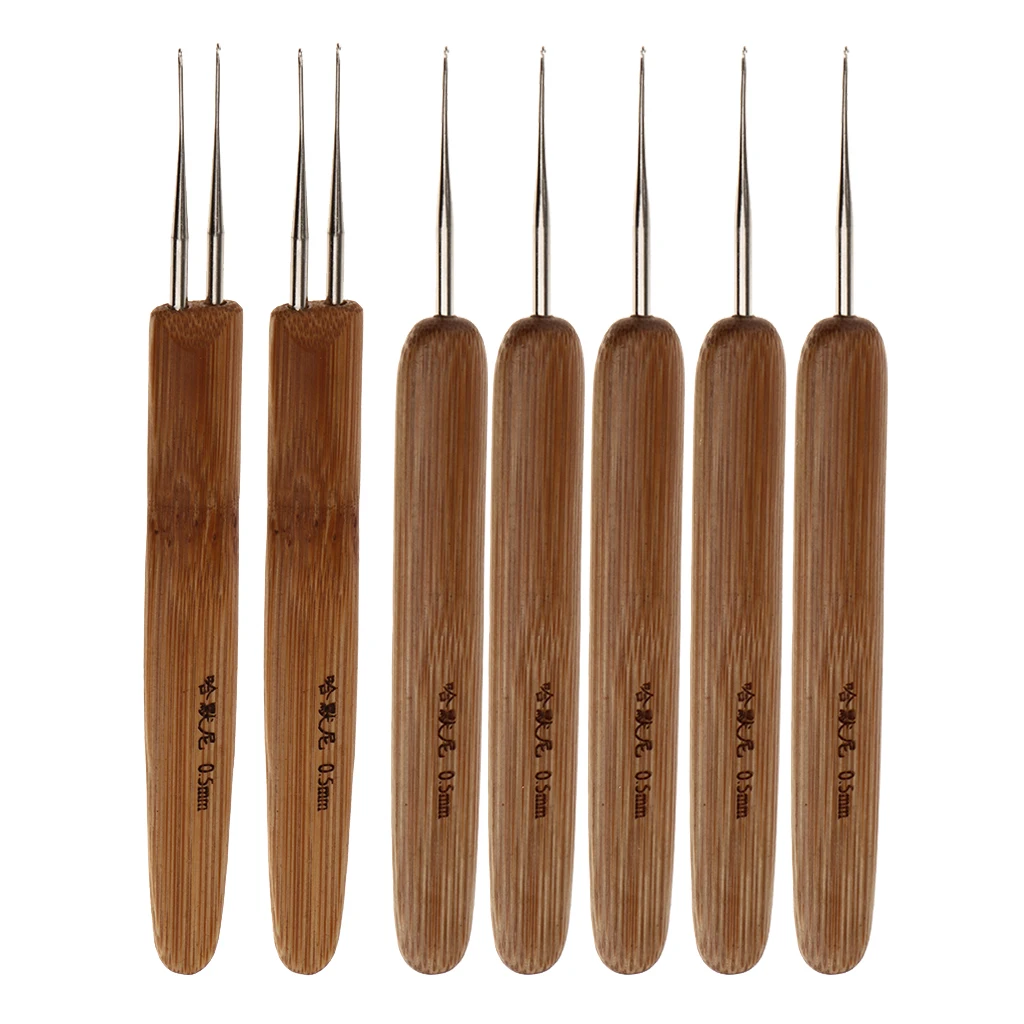 7pcs/Set Crochet Hooks 0.5mm with Wooden Handle Crochet Needles for Hair Dread lock Needle Tool for Hair Braid Craft