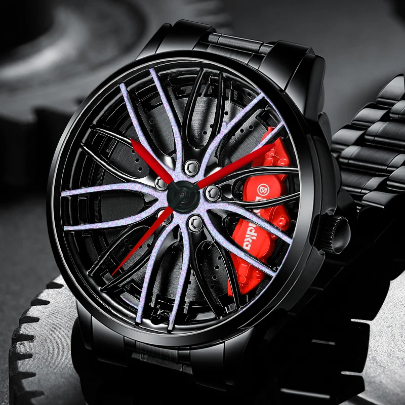 2021 New Luxury Watch for Men Auto Racing Car Watches Wheel Rim Hub Designed Steel Watch for Car Owner Cars Fans Auto Race