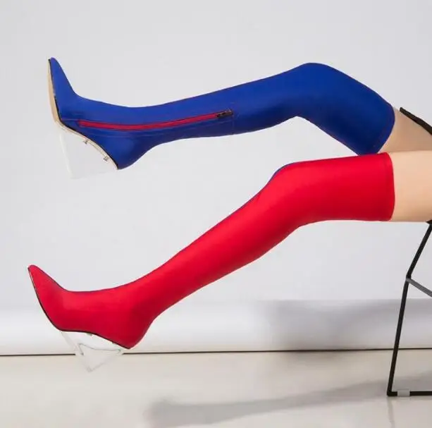 

Pink Blue Red Orange 2 Colors Patchwork Woman Transparent Wedge Pointed Toe Zipper Elastic Slim Over The Knee Long Boots